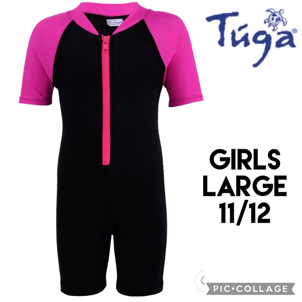 TUGA Girls Wetsuit Swim Black Pink 1mm Neoprene Short Sleeve 1/2 Zip 50 UPF+